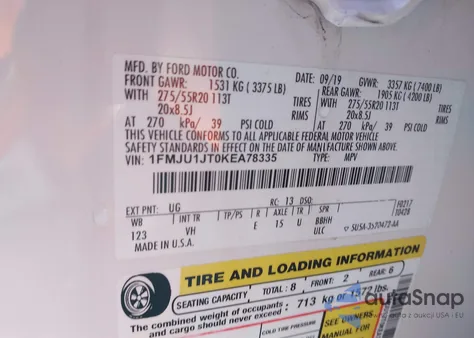 2019 Ford Expedition Xlt из США, поврежденный, VIN 1FMJU1JT0KEA78335